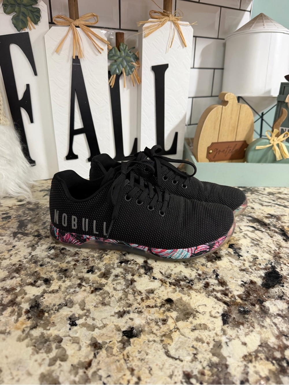 NOBULL Women’s Black Knit Training Shoes with Multicolor Floral Sole